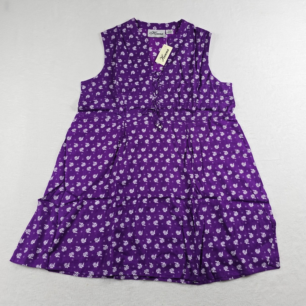 Henna Purple Floral Lace Up Sleeveless Rayon Top Plus Size India Women New NWT